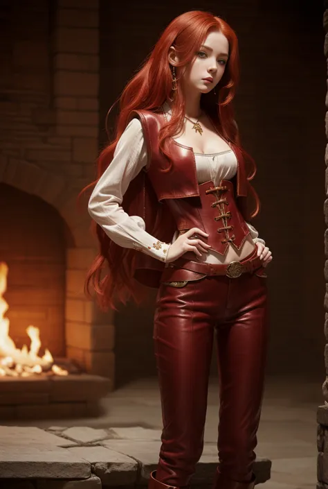 a girl with long cherry-red hair, white porcelain skin, sexy figure. hourglass figure. fantasy world. fantasy clothing consistin...