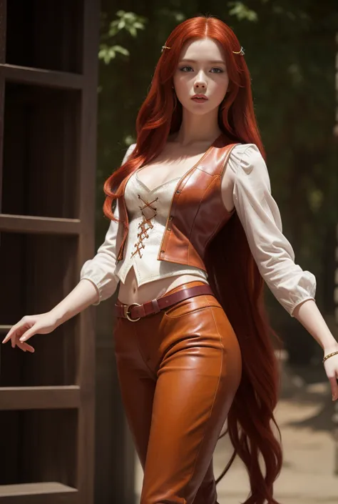 a girl with long cherry-red hair, white porcelain skin, sexy figure. hourglass figure. fantasy world. fantasy clothing consistin...