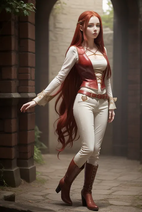 a girl with long cherry-red hair, white porcelain skin, sexy figure. hourglass figure. fantasy world. fantasy clothing consistin...