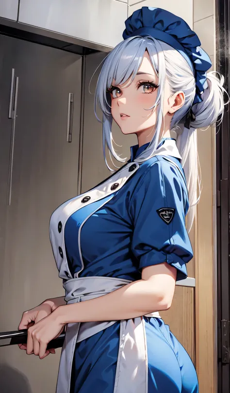 beautiful detailed girl, blue costume, Chef in classic attire, ponytail, silver hair, chef hat, Pose with hands together, Youthful expression, orange eyes