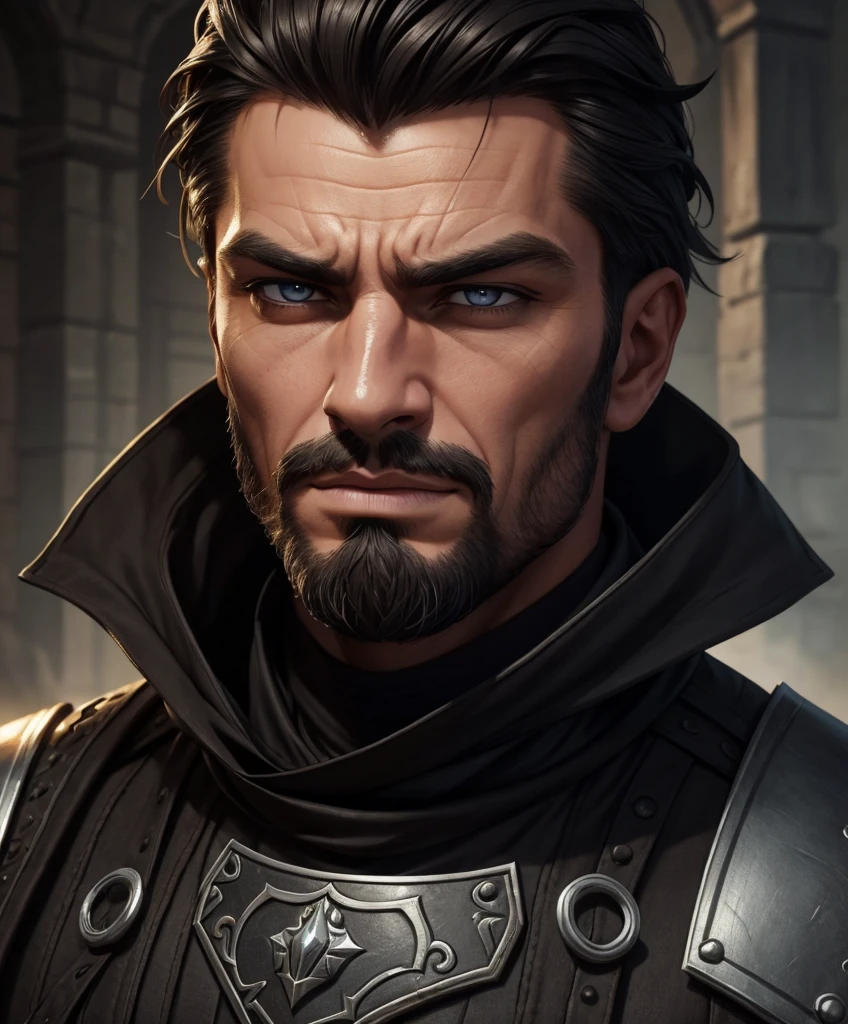  (((Single character image.))) Human male rogue for a wild and exciting fantasy setting. Looks like a miscreant thug as a fantasy character.   Looks like a knave.  Looks like a medieval fantasy criminal who is dangerous. Looks like a medieval criminal.  Looks rowdy,  Upper body only. Dark black eyes and dark eyes with an intense stare that increases his attractiveness. Handsome.  Devious smirk. Intense.   Black and silver themed attire. Tan complexion. Appears sullen, forlorn and darkly romantic.  He seems stoic and aloof which makes him all the more attractive.  Background is an eerie dungeon. best quality:1.0,hyperealistic:1.0,photorealistic:1.0,madly detailed CG unity 8k wallpaper:1.0,masterpiece:1.3,madly detailed photo:1.2, hyper-realistic lifelike texture:1.4, picture-perfect:1.0,8k, HQ,best quality:1.0,