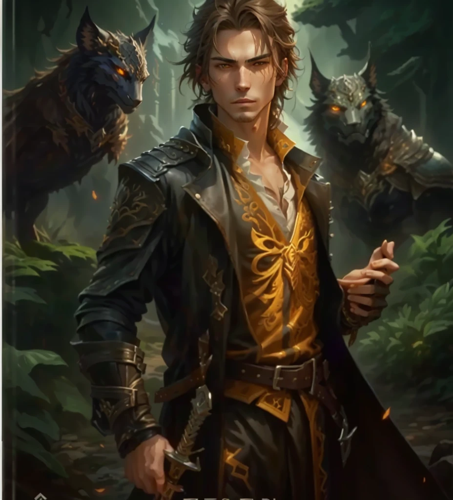 Poster of a man in a leather jacket and a sword, cover of the novel boyar-anime, Game cover, Cover of the novel for the book, Cover of a young adult fantasy novel, portrait of a wild cloak fin, Fantasy portrait, fantasy book cover painting, RPG book portrait, Cover of an epic fantasy novel, by Galen Dara, character portrait