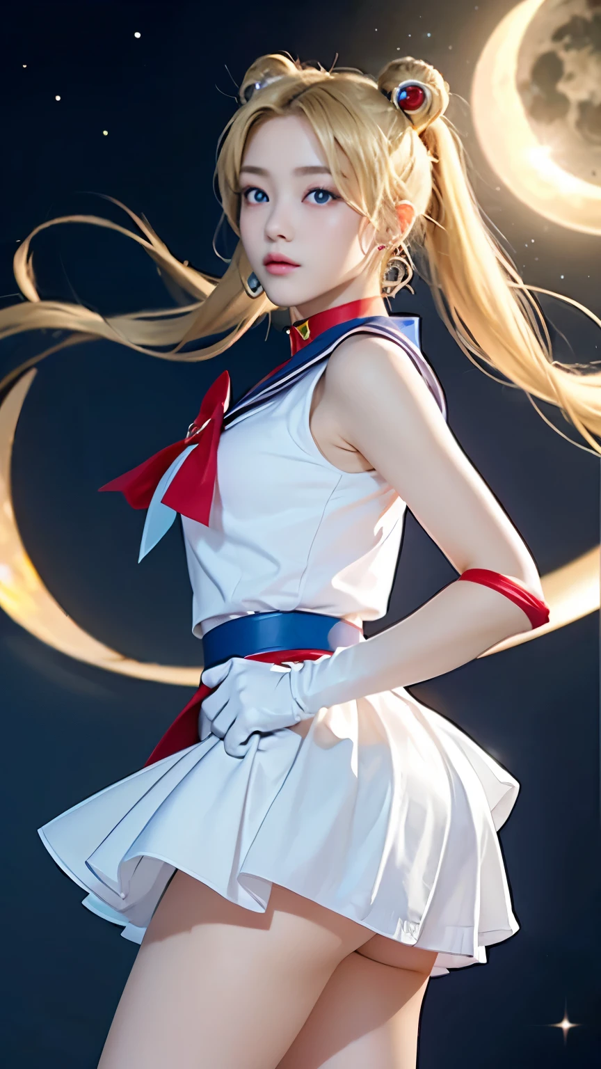 masterpiece、high quality、High resolution、Realistic、professional lighting、Japanese、woman、young、White skin、slender、Sailor Moon, Usagi Tsukino, Sailor Warrior Uniforms, Red choker,Blue Collar, Red ribbon on chest, White gloves, Red ribbon at waist, Very short skirt, Blue Skirt, Red knee boots, Crescent Earrings, Long Hair, Twin tails, Twin Chinese bun, (((Blonde))), Big eyes, Blue pupils, cute, So cute, beautiful, wonderful, gem, Night Sky, Starry Sky, Perfect Face, Perfect Skin, Crescent moon on her forehead, Skirt up, Showing her ass