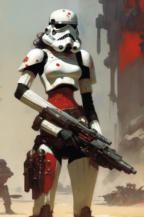 a stormtrooper, concept art, cyberpunk, stranger, fighter, star wars, heavy armor with red details, heavy weapon, woman like thi...