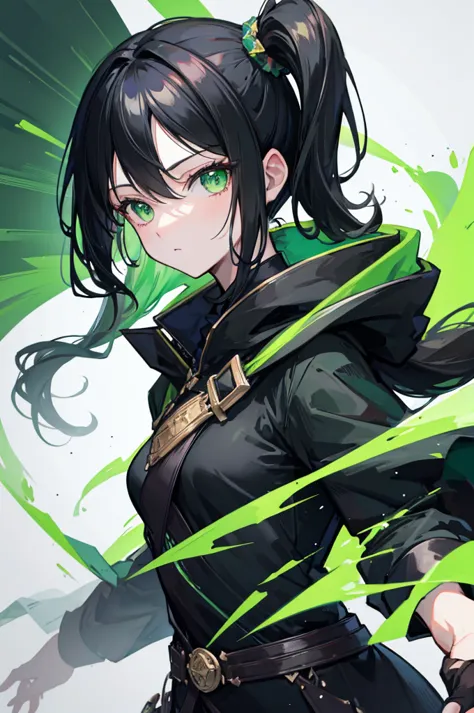 portrait, black hair, long wavy side ponytail, cool, green eyes, dark green cloak, small breasts