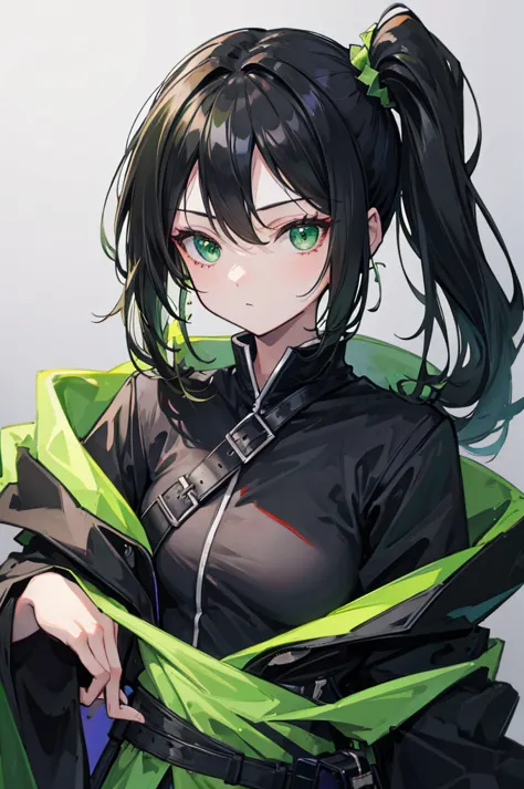 portrait, black hair, long wavy side ponytail, cool, green eyes, dark green cloak, small breasts