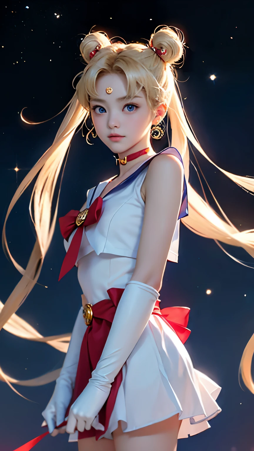 masterpiece、high quality、High resolution、Realistic、professional lighting、Japanese、woman、young、White skin、slender、Sailor Moon, Usagi Tsukino, Sailor Warrior Uniforms, Red choker,Blue Collar, Red ribbon on chest, White gloves, Red ribbon at waist, Very short skirt, Blue Skirt, Red knee boots, Crescent Earrings, Long Hair, Twin tails, Twin Chinese bun, (((Blonde))), Big eyes, Blue pupils, cute, So cute, beautiful, wonderful, gem, Night Sky, Starry Sky, Perfect Face, Perfect Skin, Crescent moon on her forehead, Skirt up, Showing her ass