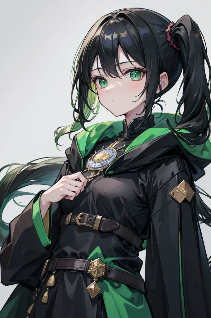 portrait, black hair, long wavy side ponytail, cool, green eyes, dark green cloak, small breasts