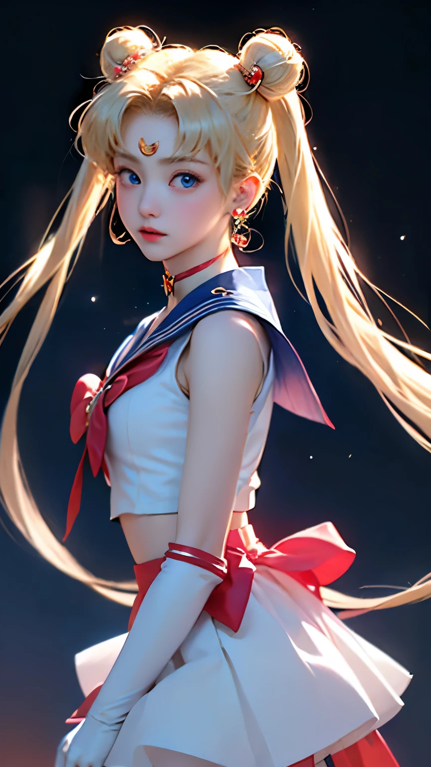 masterpiece、high quality、High resolution、Realistic、professional lighting、Japanese、woman、young、White skin、slender、Sailor Moon, Usagi Tsukino, Sailor Warrior Uniforms, Red choker,Blue Collar, Red ribbon on chest, White gloves, Red ribbon at waist, Very short skirt, Blue Skirt, Red knee boots, Crescent Earrings, Long Hair, Twin tails, Twin Chinese bun, (((Blonde))), Big eyes, Blue pupils, cute, So cute, beautiful, wonderful, gem, Night Sky, Starry Sky, Perfect Face, Perfect Skin, Crescent moon on her forehead, Skirt up, Showing her ass