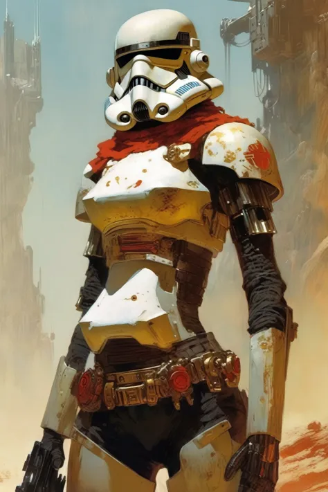 a stormtrooper, concept art, cyberpunk, stranger, fighter, star wars, heavy armor with red and gold details, heavy weapon, thin ...