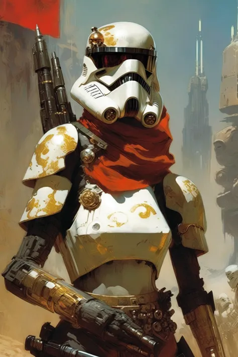 a stormtrooper, concept art, cyberpunk, stranger, fighter, star wars, heavy armor with red and gold details, heavy weapon, thin ...