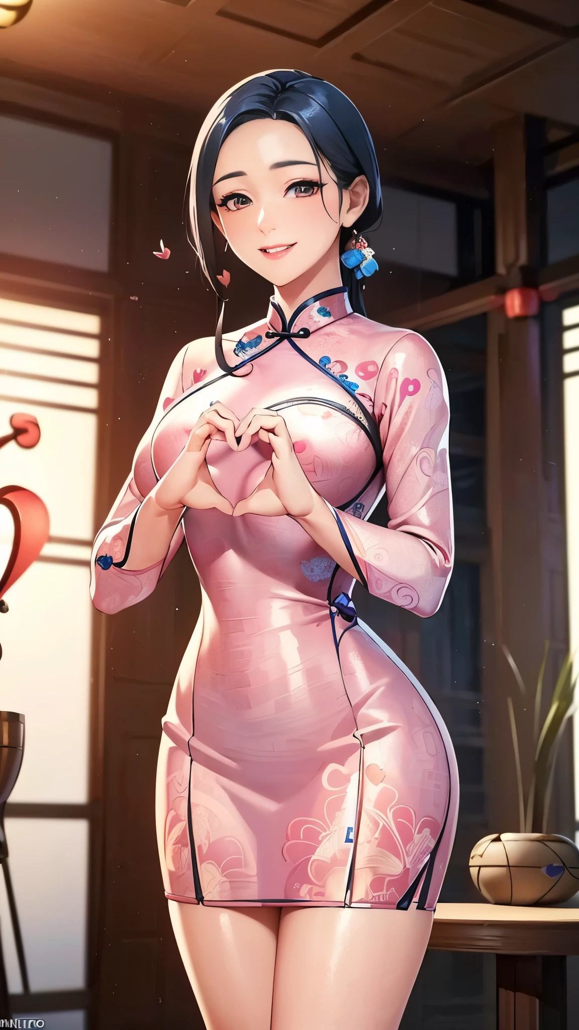 (masterpiece:1.2, Highest quality,High resolution,Very detailed),8k,wallpaper,1 female,(((Ray Tracing))),1 girl,A woman is standing,Thick thighs,front,look at me,((smile)),Beautiful cheongsam,(((Beautiful female hands,Detailed hands))),(((Heart Hands:1.5))),(((Intricate designs and patterns inspired by Asian art)))