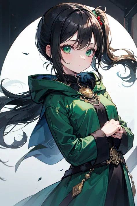 portrait, black hair, long wavy side ponytail, cool, green eyes, dark green cloak, small breasts