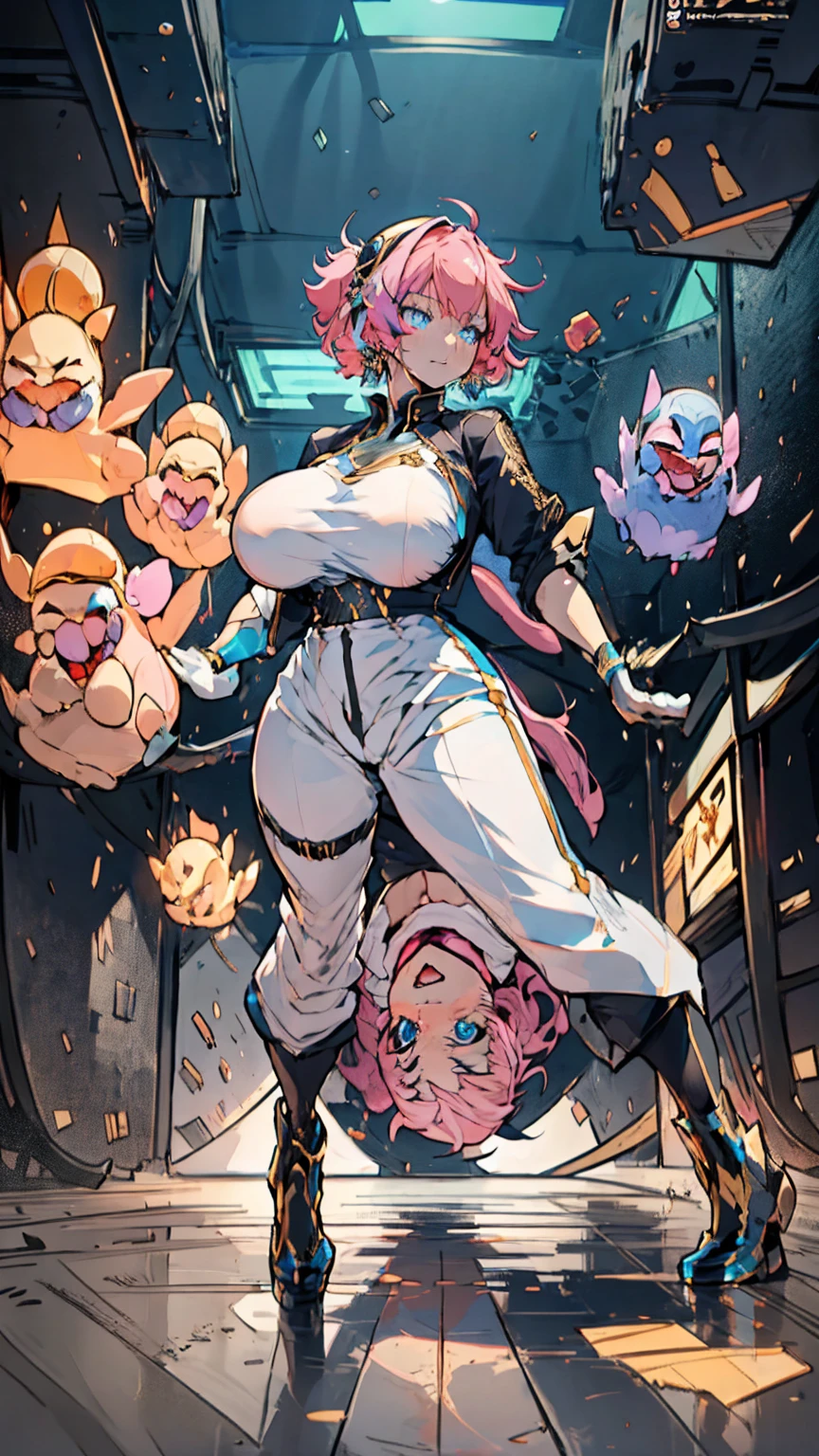 独奏, 1 confident woman with floor-length pink hair, huge and big breasts, Futuristic royal costume in white with black and gold details, tall woman, blue detailed eyes,  , judgmental look, golden metal skulls, sovereign pose, cyberpunk queen
