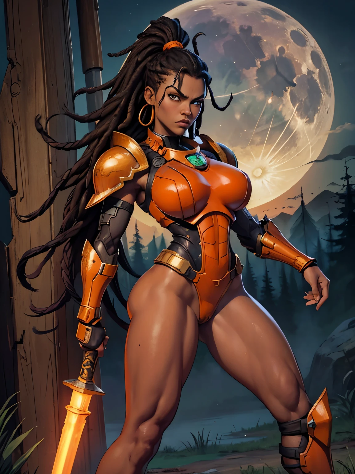 Portrait of African woman in a fighting pose swinging a mace, swinging weapon, fighting, attacking. with dark skin, (short black dreadlocks), black hair pulled back. wearing a (heavy orange mechanical armor, power armor covering her chest and arms, orange breast plate) with large (round orange shoulder pads). a dark green undersuit, (undersuit). (Barbarian fur).  (Bare thighs, bare legs:1.2). Badlands background, dead trees, lare full moon, dusk, low mist. super high quality, super high detail, masterpiece, 4k, 8k, HDR, masters of the universe. Show her in a fighting stance, a mace raised in one hand, the other hand is open and extended toward the camera. frowning.

