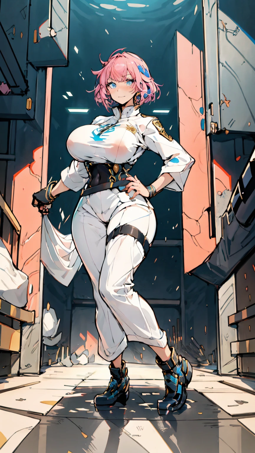 1 confident woman with floor-length pink hair, huge and big breasts, Futuristic royal costume in white with black and gold details, tall woman, blue detailed eyes,  , judgmental look, golden metal skulls, sovereign pose, cyberpunk queen, solo girl, 35 year old
