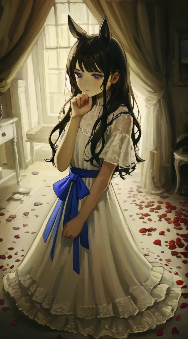 best quality, aesthetic, by iwzry, by solipsist, 1girl, young girl, rice shower, brown hair, hair over one eye, long hair, horse ears, horse tail, purple eyes, squiggle, black rose, blue bow, blue ribbon, blue rose, purple rose, rose petals
BREAK
wedding dress, (dark room), dramatic lighting, shadow dim light, head on