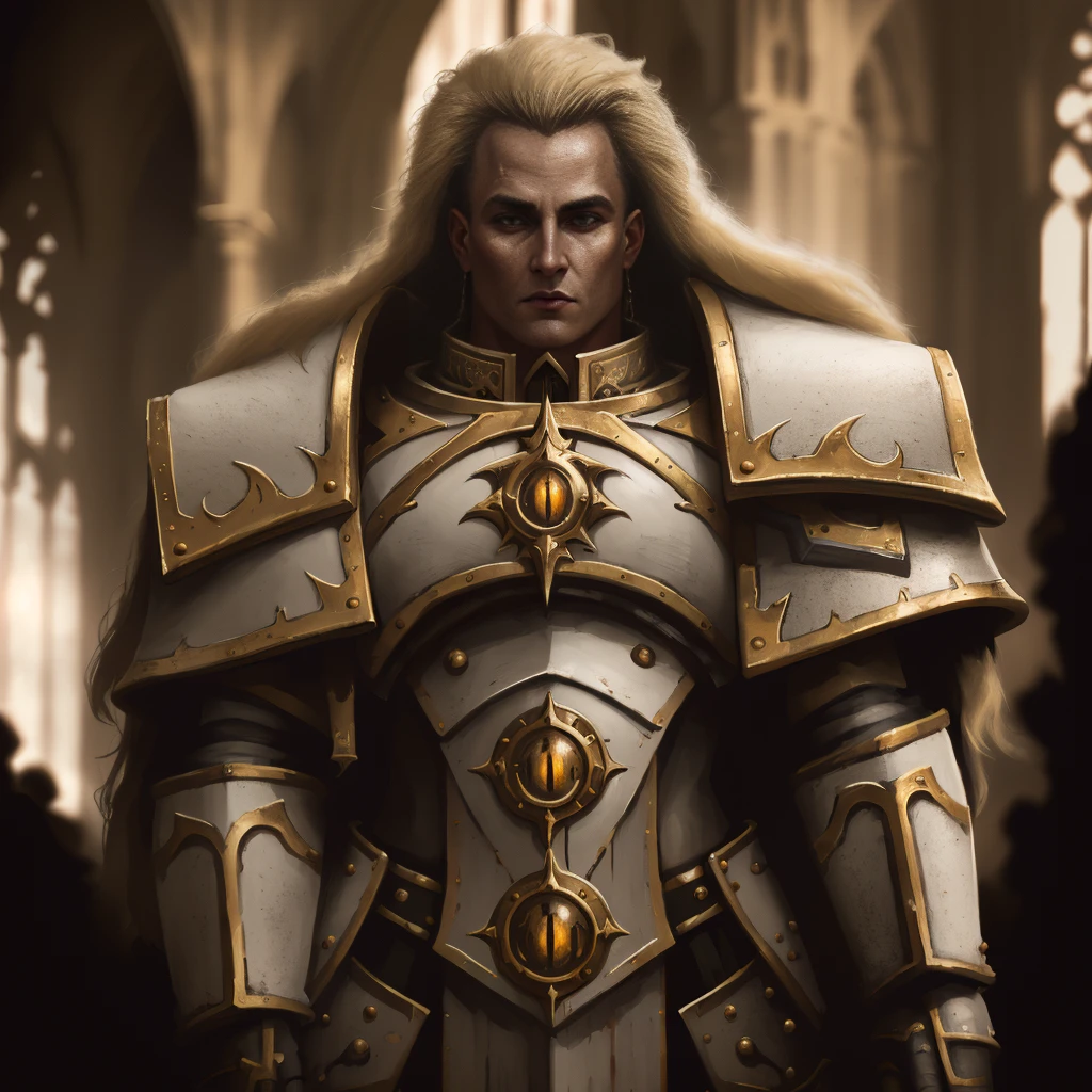 epic portrait of (Garviel Loken:1.1), wearing (white armor:1.3), holding weapon, (mace:1.2)
young male, attractive, handsome face, (blonde:1.1), textured skin, detailed pupils, realistic dull skin noise, visible skin detail, skin fuzz, dry skin, (looking far:1.3)
indoors, bright lighting, gothic cathedral in the blurry background, epic lighting, ambient lighting, warhammer 40k,
High Detail, film photography, RAW candid cinema, 16mm, Hyperdetailed, analog style, detailed skin, matte skin, soft lighting, subsurface scattering, high quality, highres, absurdres, best quality, full body, torso, upper body,
