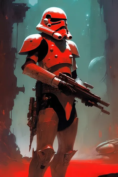 a stormtrooper, concept art, cyberpunk, stranger, fighter, star wars, heavy armor, light weapon, thin waist, frank frazetta styl...