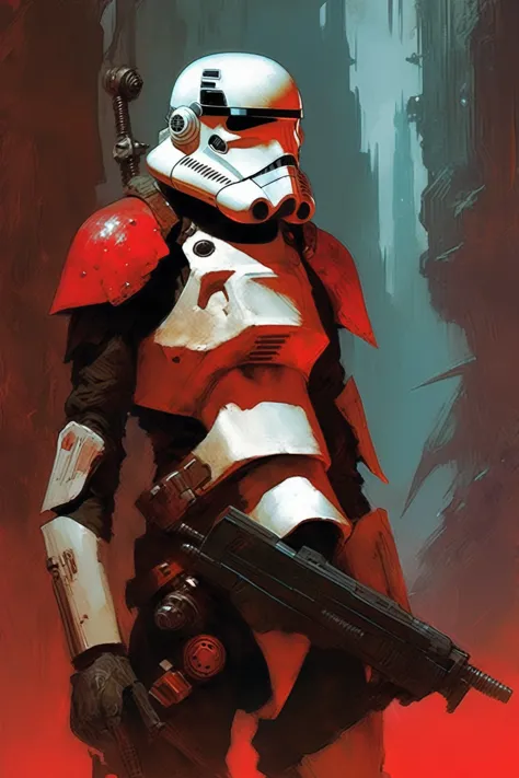 a stormtrooper, concept art, cyberpunk, stranger, fighter, star wars, heavy armor, light weapon, thin waist, frank frazetta styl...