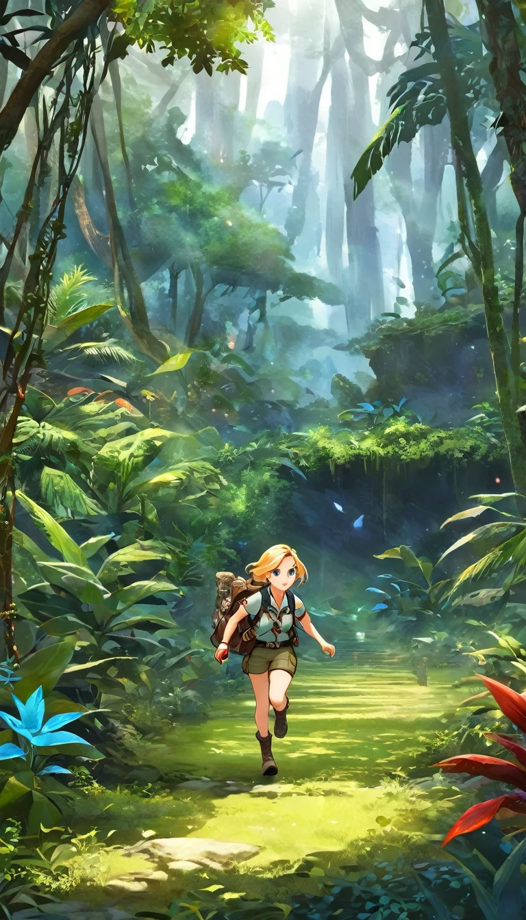 score_9, score_8_superior, score_7_superior, score_6_superior, score_5_superior, score_4_superior, BREAK、Highest quality:1.2、masterpiece、Highly detailed CG unit wallpaper、High resolution、BREAK、Jungle Adventure、Subtropical plants、Mysterious Jungle、Wilderness、Explorer's attire、Sharp Eyes、One Girl、Walking、Densely grown grass、Jumanji、Jumanjiの世界、