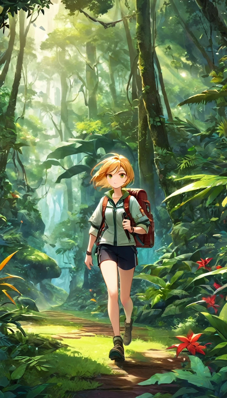 score_9, score_8_superior, score_7_superior, score_6_superior, score_5_superior, score_4_superior, BREAK、Highest quality:1.2、masterpiece、Highly detailed CG unit wallpaper、High resolution、BREAK、Jungle Adventure、Subtropical plants、Mysterious Jungle、Wilderness、Explorer's attire、Sharp Eyes、One Girl、Walking、Densely grown grass、Jumanji、Jumanjiの世界、