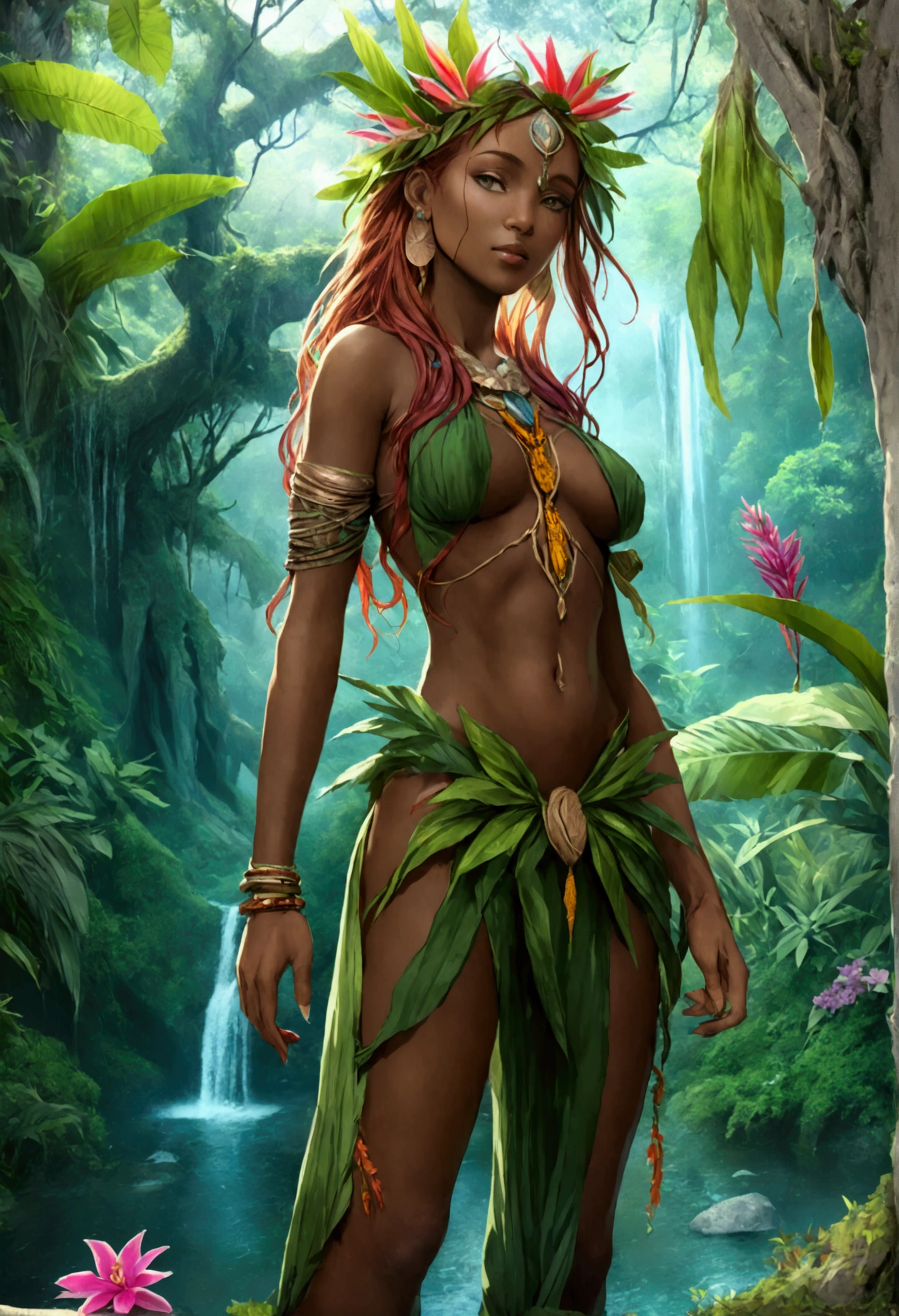  a picture of a druid in her jungle cove, an exotic, most beautiful human druid, priest of nature, warden of the wild of the jungle, full body, ((anatomically correct: 1.5)) long hair, wild hair, dynamic hair color, flowers and leaves in her hair, wearing a green robe, small cleavage, high boots, eyes glowing with magic, she protects her jungle grove, many old (cacao trees: 1.3), orchids trees, heliconia flowers, some wild life, a (stream of water: 1.3), fantasy art, vibrant, Ultra-high resolution, High Contrast, (masterpiece:1.5), highest quality, Best aesthetics), best details, best quality, highres, ultra wide angle, 16k, [ultra detailed], masterpiece, best quality, (extremely detailed) RAW, 