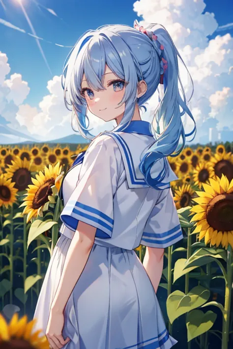 blue hair girl、ponytail、long hair、short-sleeved sailor suit、look back and smile、there are lots of sunflowers blooming around、a l...