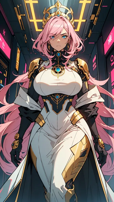 1 confident woman with floor-length pink hair, huge and big breasts, Futuristic royal costume in white with black and gold detai...