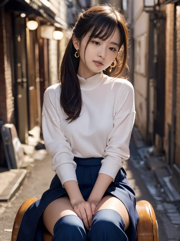 Atmospheric perspective, 8K, Super Detail, precise, best quality, ((Japanese young actress, Round Face)), Film skin, (Correct limbs), A woman, blush, the shape of the areola is visible on the shirt, (Drooping eyes, Sleepy face), (ecstasy, pant), ((Sitting astride her crotch exposed tube)), final, Long hair up, Winter clothes, shirt, skirt, Small earrings, night, Back Alley,