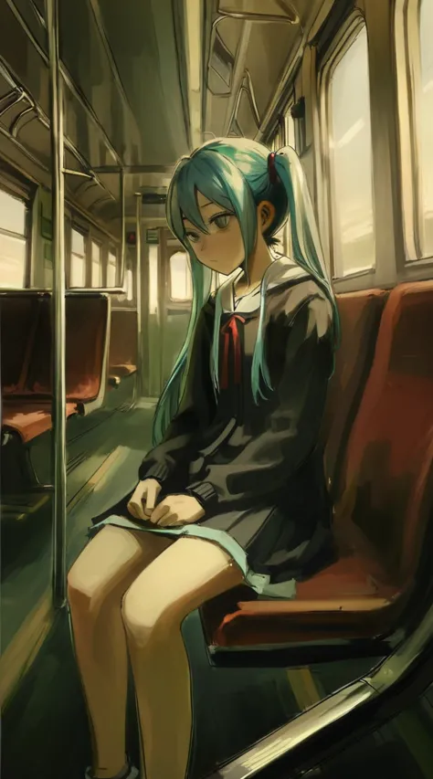 hatsune miku,best quality, aesthetic, by iwzry, by solipsist, 1girl, young girl, sit at train chair