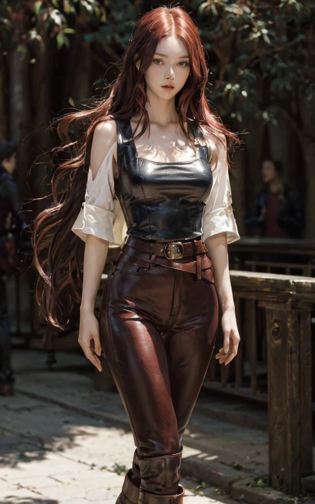 Slender girl with long cherry red hair and porcelain skin dressed in a vintage shirt, brown leather trousers and vest, fantasy style leather boots. Beautiful body curves, thin waist, second breast size and slender legs, round buttocks,looks at the viewer, From head to toe, a high resolution, masterpiece, detailing