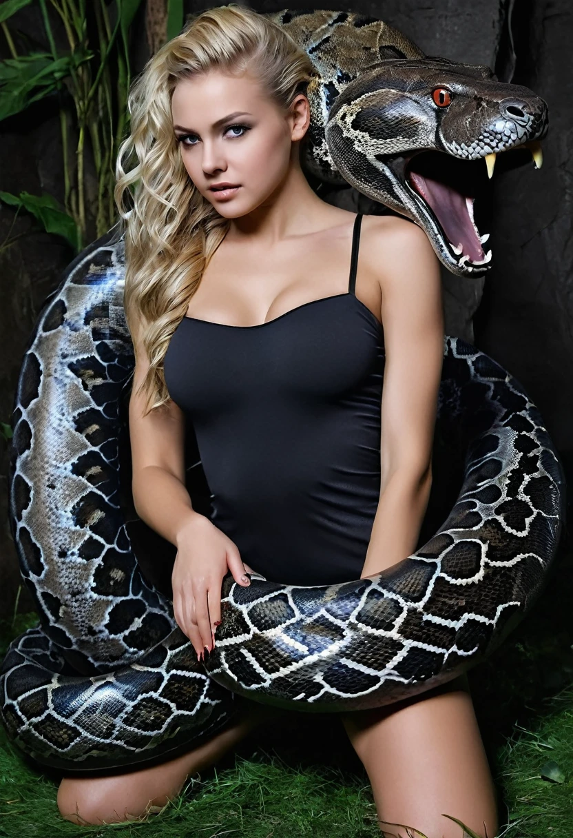   Happy Horny, aroused 1girl), beautiful kneeling blonde  young teen girl  with  giant colossal black titanboa squeezing her hard, wrapped in thick spiraling coils, constricted, struggle, gasping for air, snake attack, snake peril, moonless night, dim light