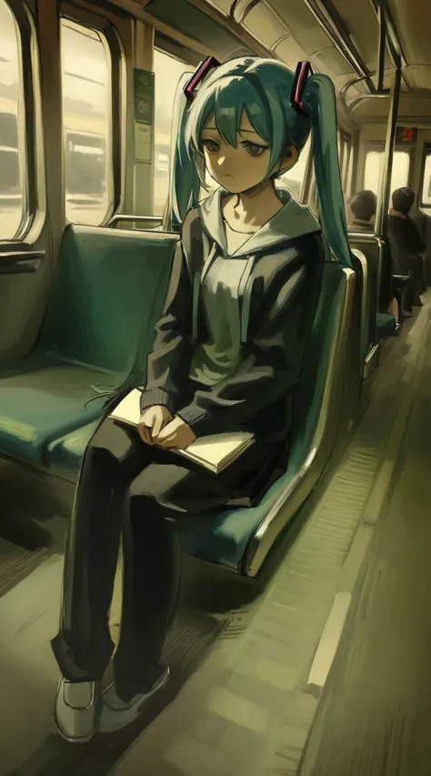 hatsune miku,best quality, aesthetic, by iwzry, by solipsist, 1girl, young girl, sit at train chair