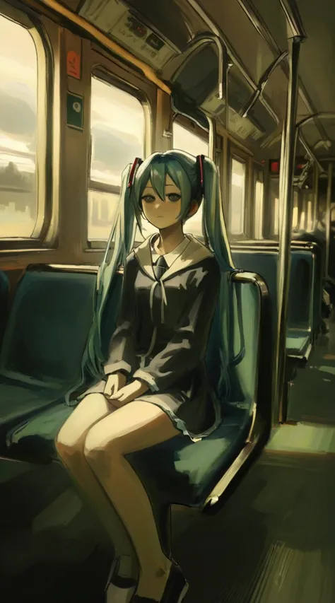 hatsune miku,best quality, aesthetic, by iwzry, by solipsist, 1girl, young girl, sit at train chair