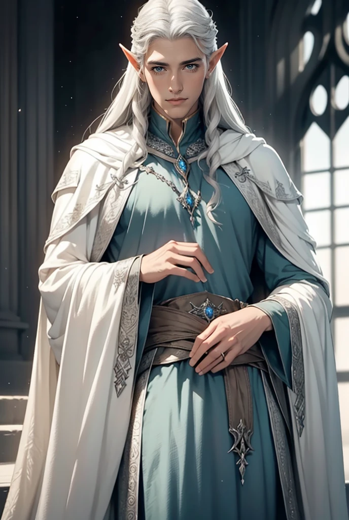 Tall, handsome, stately, courageous Lee Pace in the image of King Thranduil, platinum blond, the king of the elves, he has long straight platinum hair, blue eyes, royal silver elven robes. Realistic image.