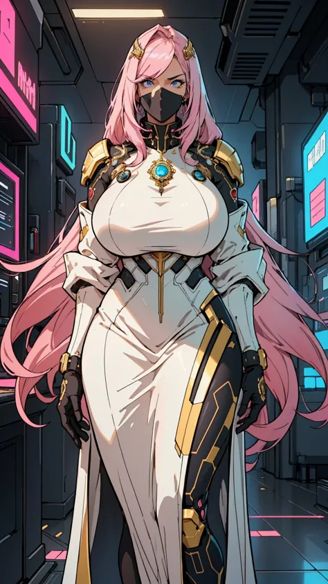 1 confident woman with floor-length pink hair, huge and big breasts, futuristic royal costume in white with black and gold detai...