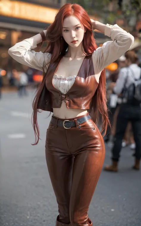 slender girl with long cherry red hair and porcelain skin dressed in a vintage shirt, brown leather trousers and vest, fantasy s...