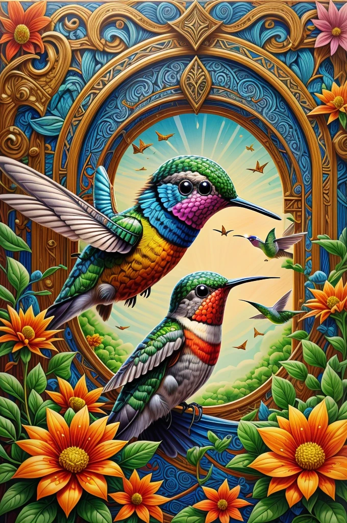 CRU photo,  photorealistic, classic pattern border, a hummingbird drinking from a flower, close-up, bright and vibrant, (artwork:1.3) (best quality:1.2) (high quality:1.1)