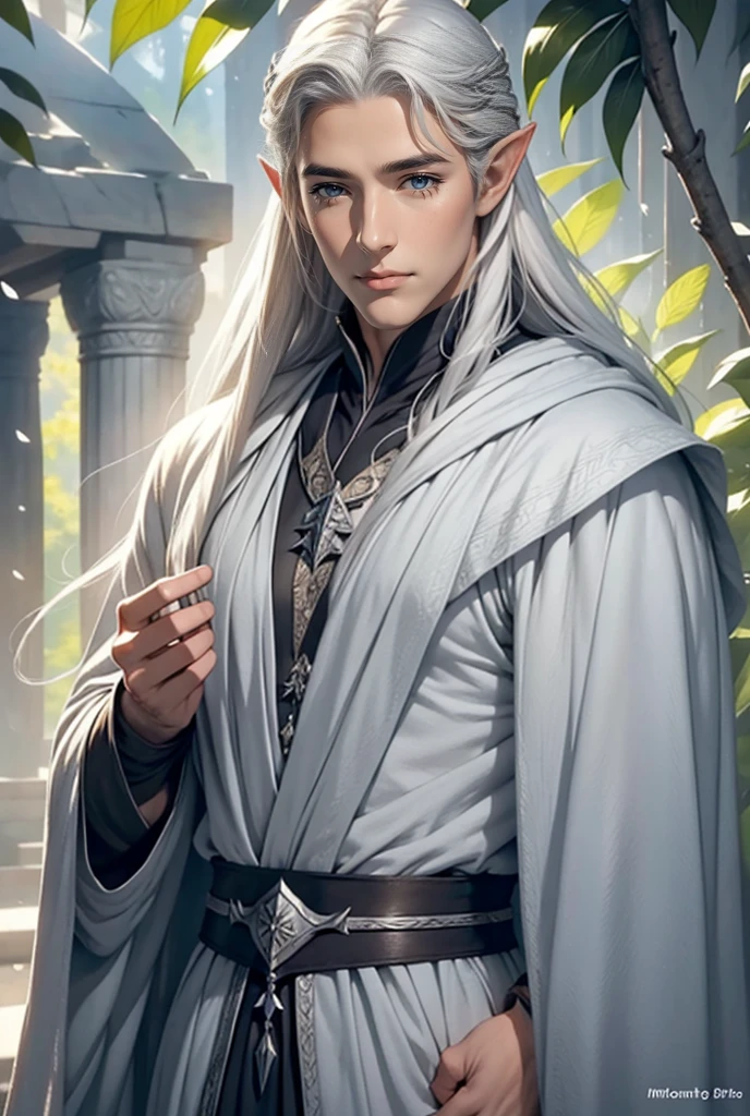 Tall, handsome, statuesque, manly, adult Lee Pace in the image of King Thranduil, platinum blond, king of the elves, he has long straight platinum hair, blue eyes, royal silver elven robes. Realistic image.