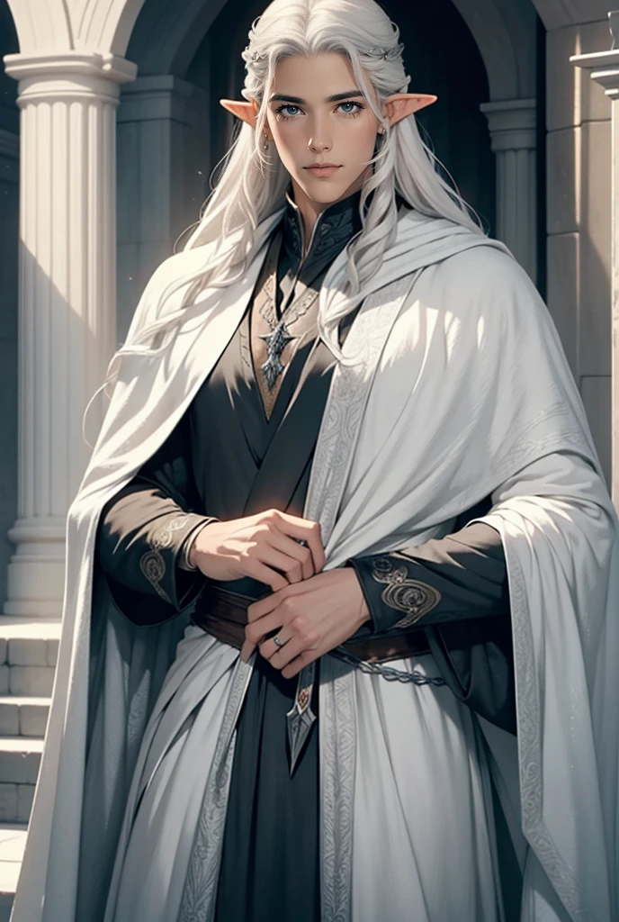 Tall, handsome, statuesque, manly, adult Lee Pace in the image of King Thranduil, platinum blond, king of the elves, he has long straight platinum hair, blue eyes, royal silver elven robes. Realistic image.