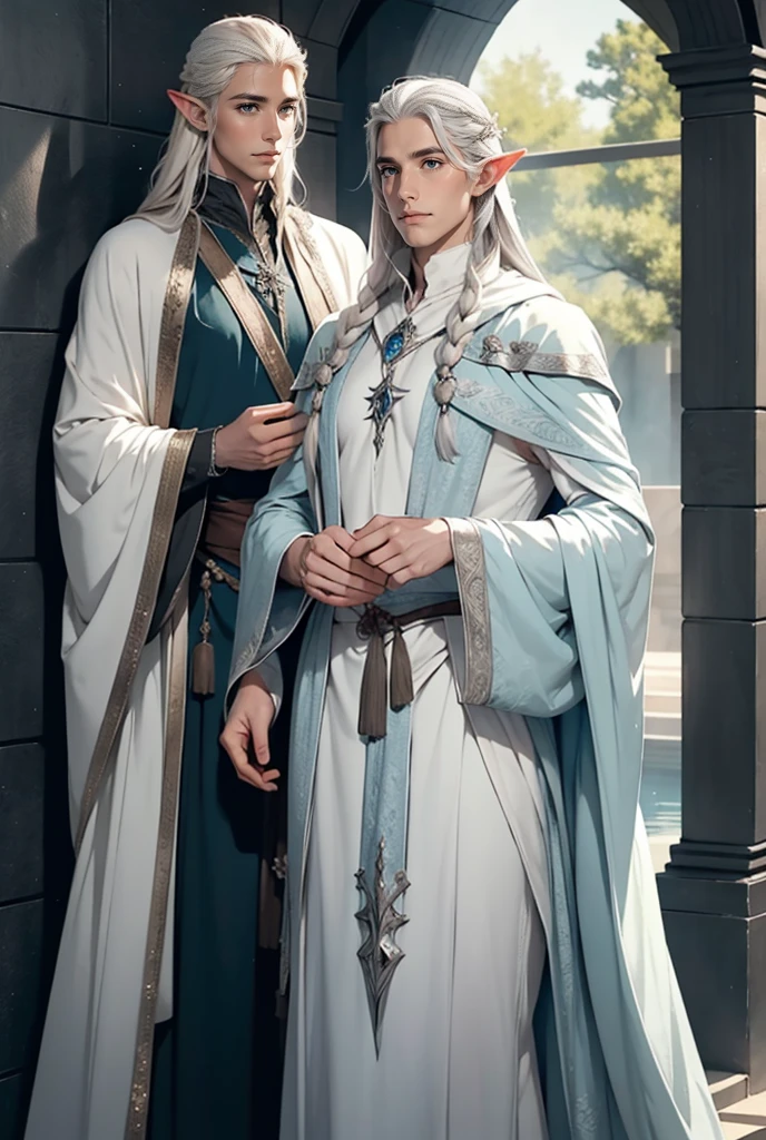 alto, bonito, statuesque, viril, adulto Lee Pace na imagem do Rei Thranduil, loiro platinado, rei dos elfos, ele tem cabelo longo e liso platinado, olhos azuis, vestes élficas de prata real. imagem realista.