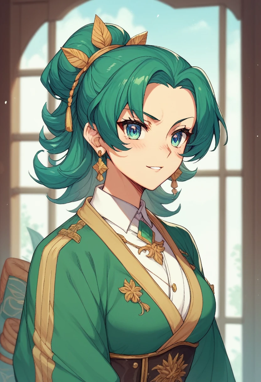 A character in the art style of the anime called "the apothecary diaries". She is a fighter, but wears traditional blue green clothes, her hair are black. (2d) (copy the anime art style)