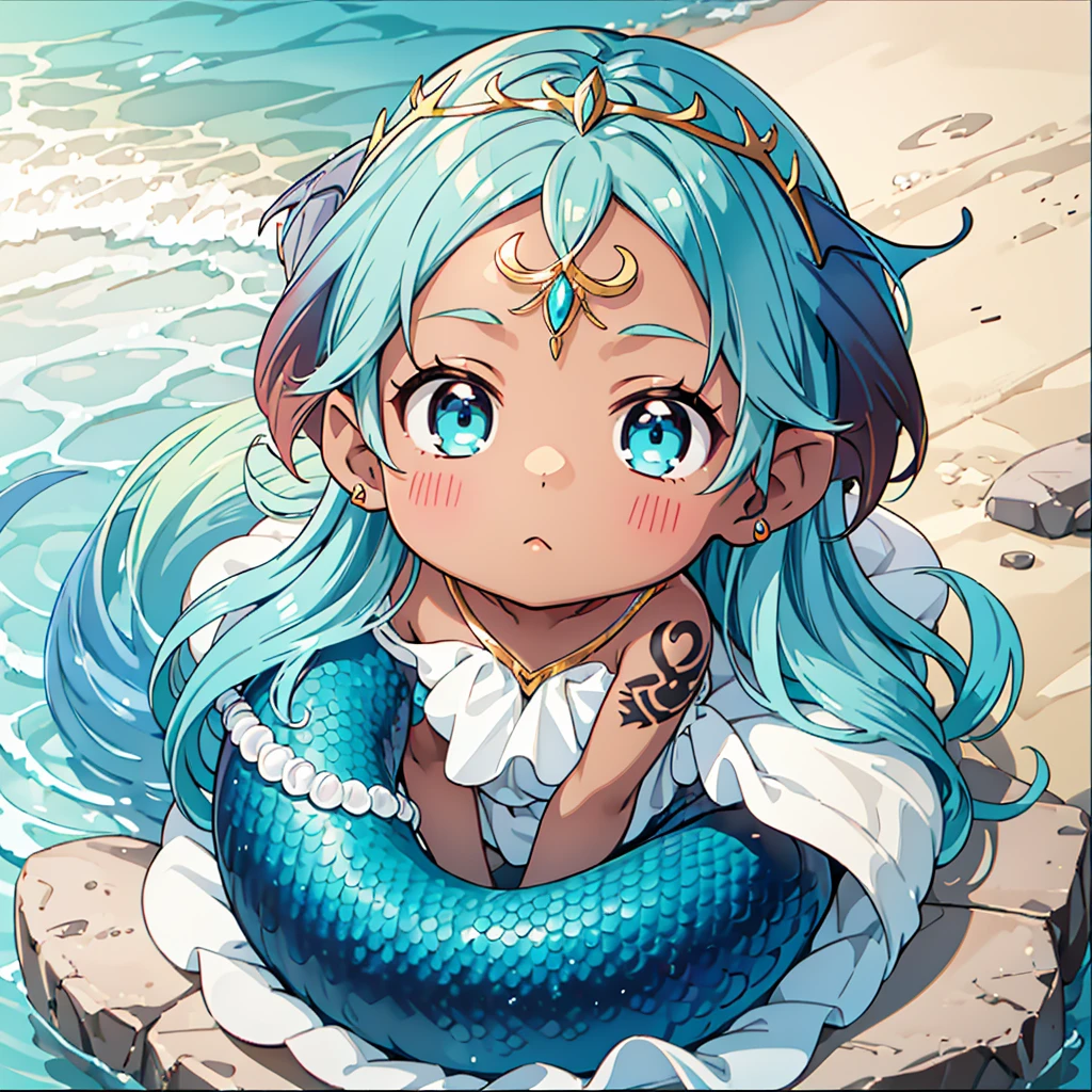 Baby Mermaid Girl sitting in a seashell, ((((DARK SKIN)))) ((Long OMBRE MULTICOLOR HAIR)), Teal Hair Mixed With Brown Hair, MERMAID TAIL, Rune Tattoos, (Gold Circlet), (((EAR FINS)))