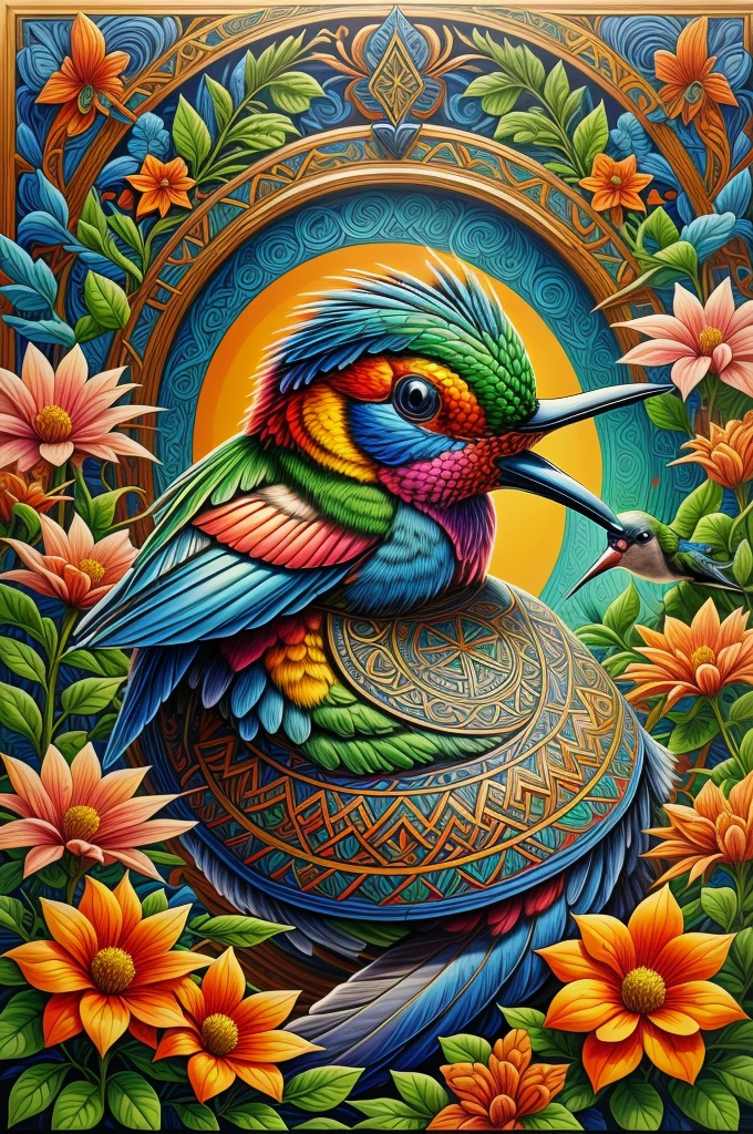 CRU photo, photorealistic, background with classic pattern border and a hummingbird drinking from a flower, close-up, bright and vibrant, (artwork:1.3) (best quality:1.2) (high quality:1.1)