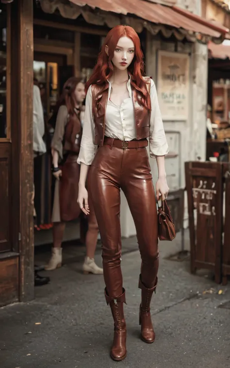 slender girl with long cherry red hair and porcelain skin dressed in a vintage shirt, brown leather trousers and vest, fantasy s...