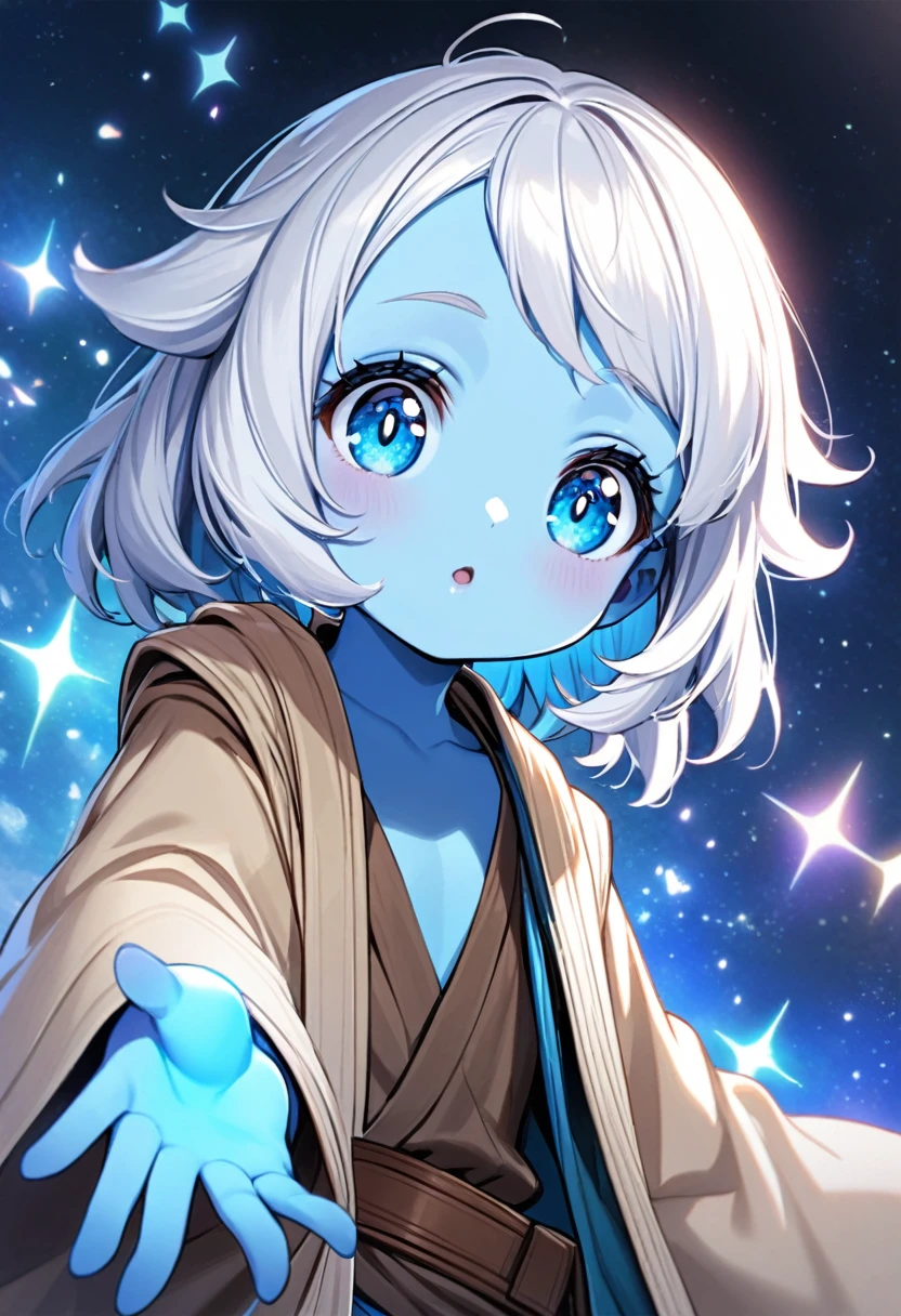 little blue-skinned and adorable Jedi. Short white hair, big and bright eyes, soft and luminous blue skin, jedi tunic, sweet and curious expression.