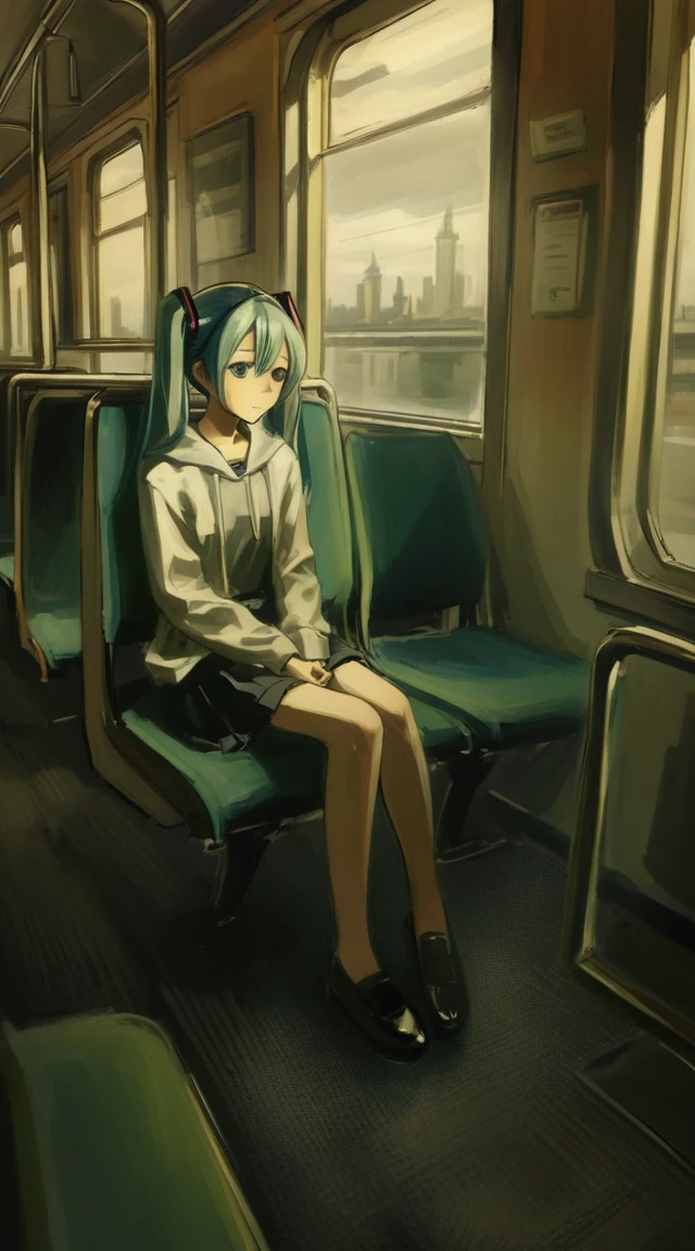 hatsune miku,best quality, aesthetic, by iwzry, by solipsist, 1girl, young girl, sit at train chair