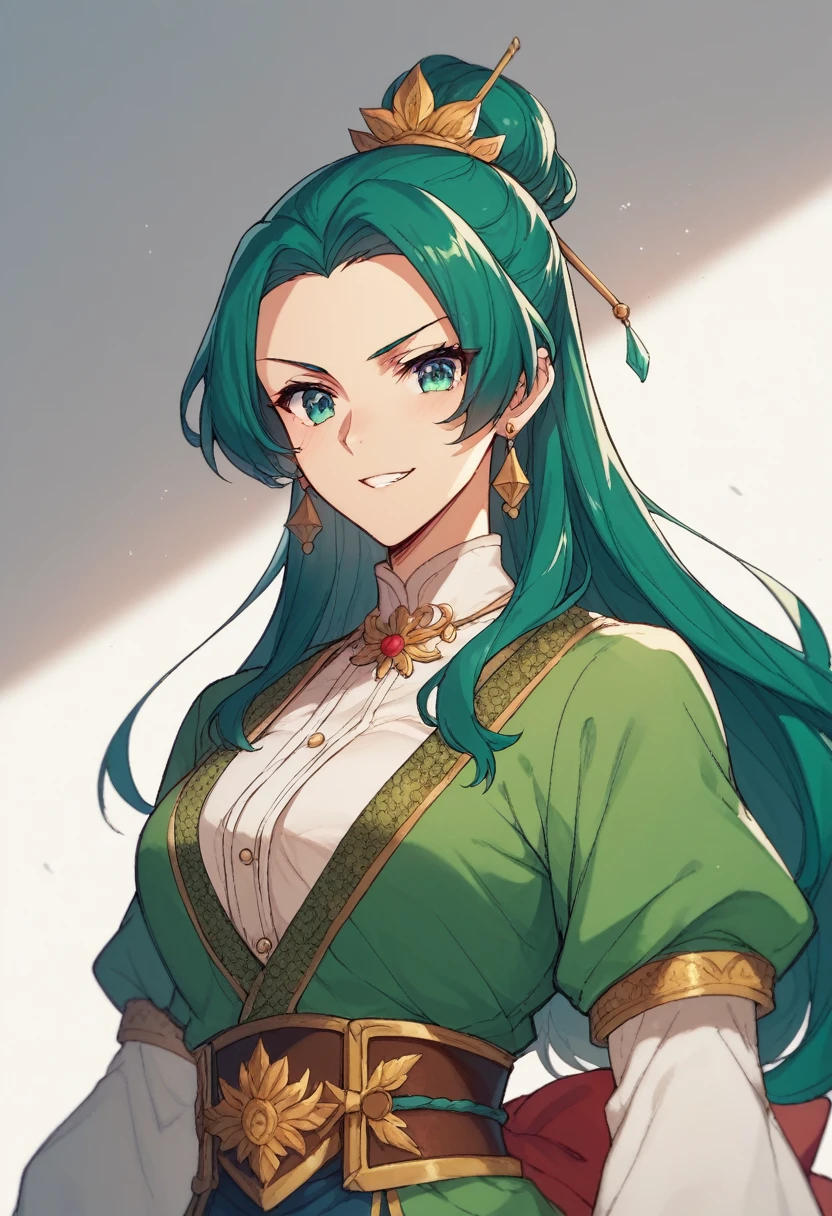 A character in the art style of the anime called "the apothecary diaries". She is a fighter, but wears traditional blue green clothes, her hair are black. (2d) (copy the anime art style)