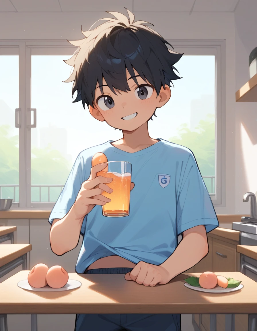 score_9, score_8_up, score_7_up, score_6_up, score_5_up, score_4_up, 1boy, 15yo boy, schoolboy, junior high school student, black hair, short hair, black eyes, smile, room wear, kitchen, peach on a table:1.5, holding a glass of Carbonated water, from front, cowboy shot, look at viewer, 
